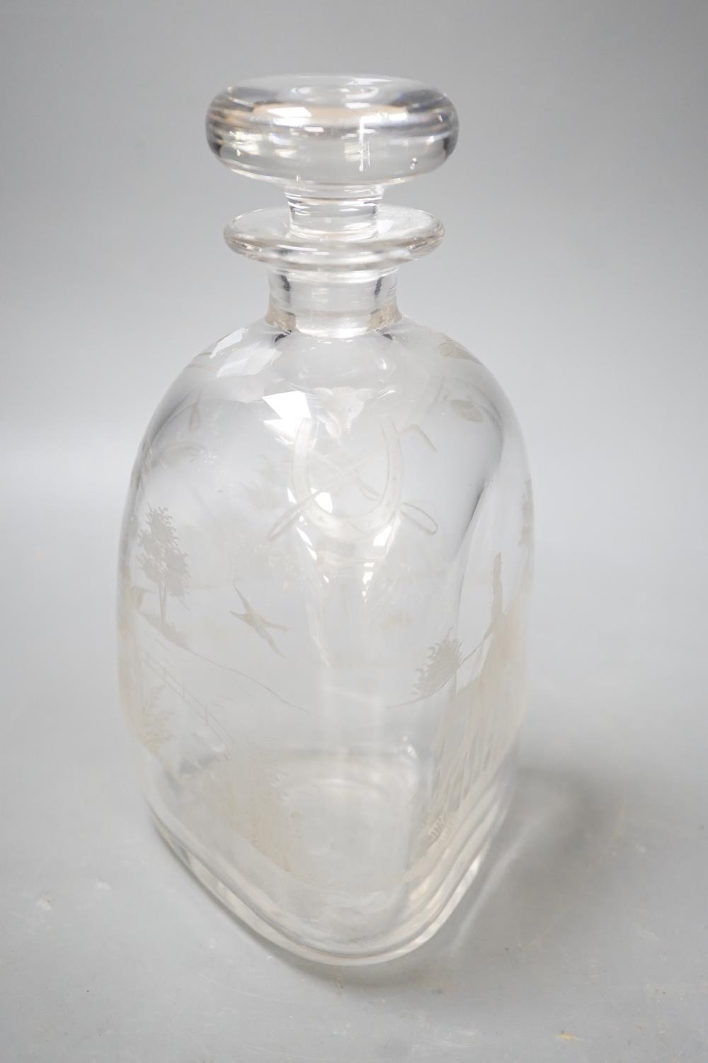 Hunting interest - A Victorian wheel engraved triangular glass decanter, and stopper. 22cm tall - Image 2 of 4