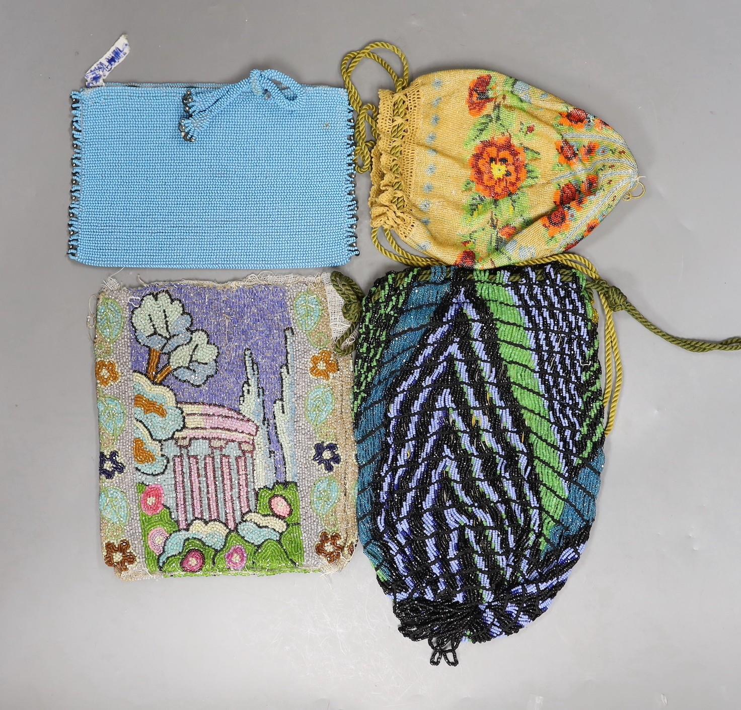 A late 19th century floral bead worked drawstring bag, a later jazz age beaded bag, a turquoise - Image 2 of 7