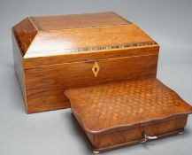 A 19th century partridge-wood and coromandel banded sewing box, together with a French parquetry