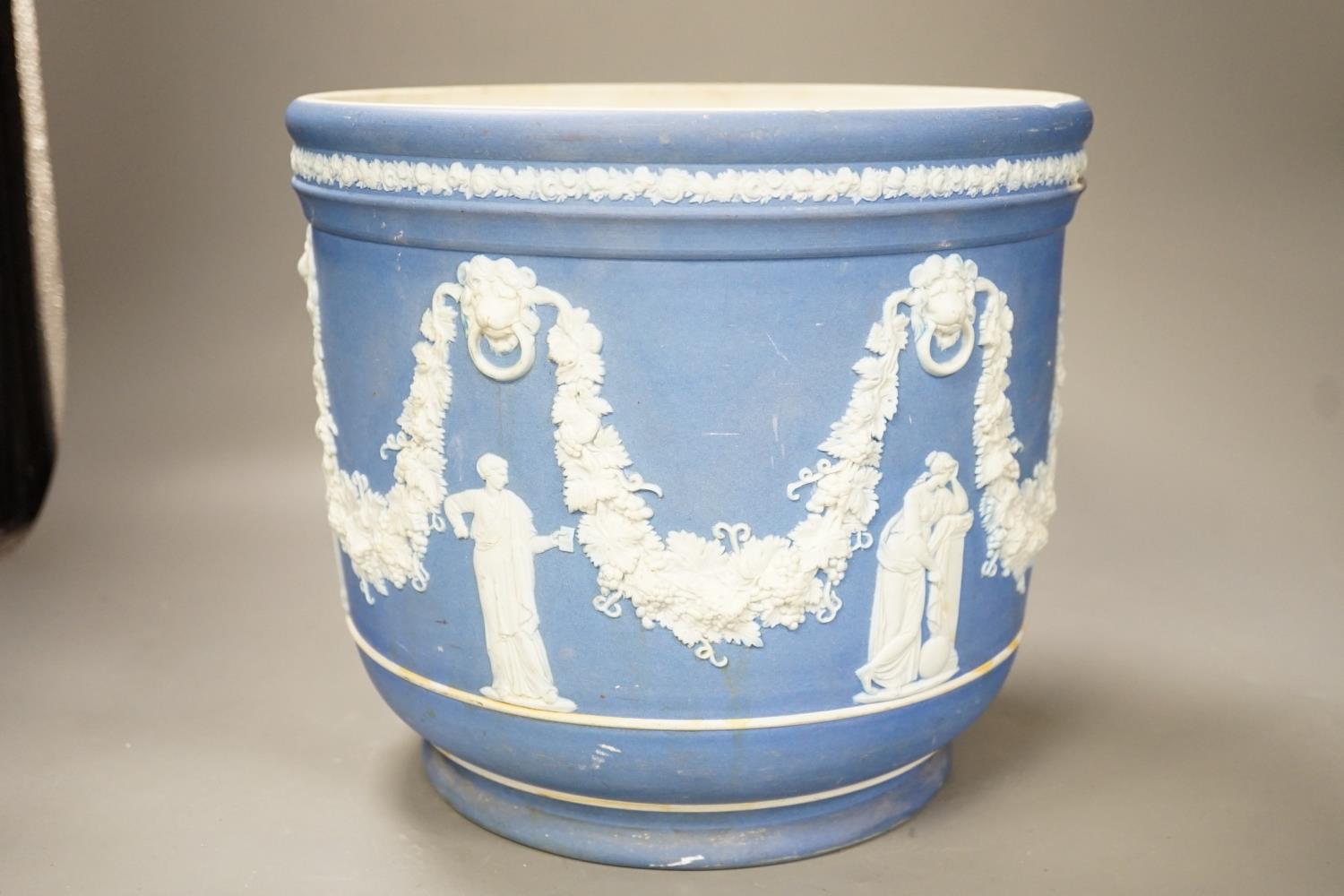 A Wedgwood blue jasper jardiniere, sprigged with muses and swags, height 23cm - Image 3 of 5