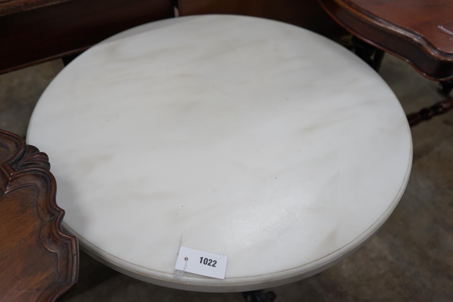 A Victorian style circular cast iron and reconstituted marble top occasional table, diameter 75cm, - Image 2 of 3