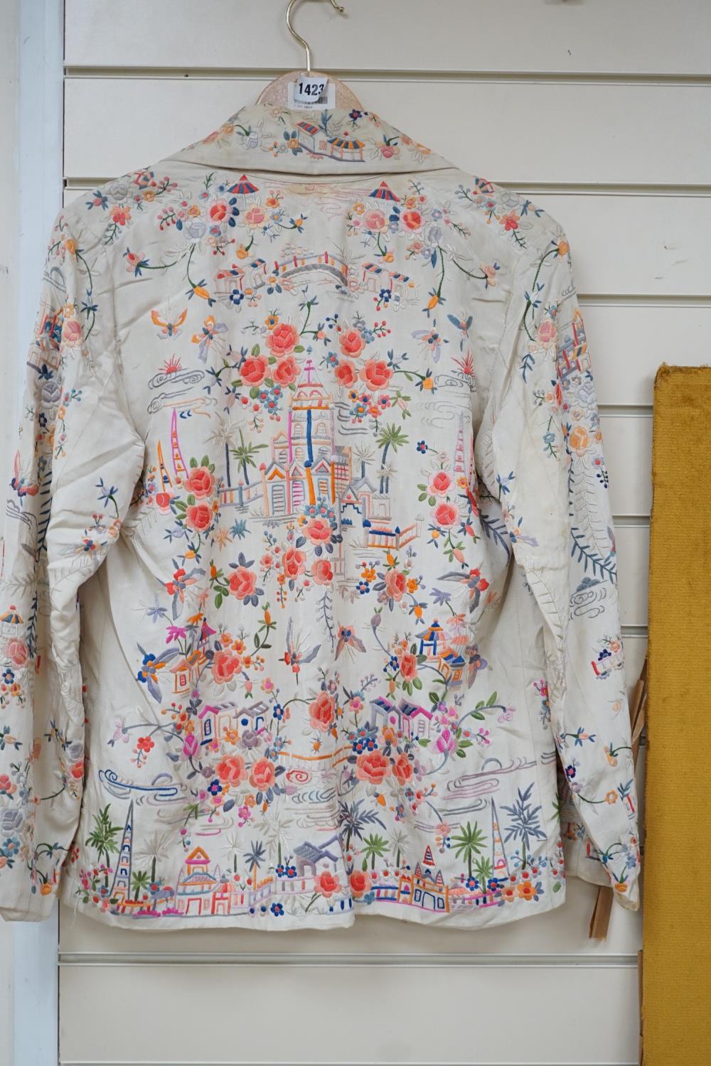 A Chinese 1930’s cream silk and multi coloured embroidered evening jacket, - Image 6 of 6
