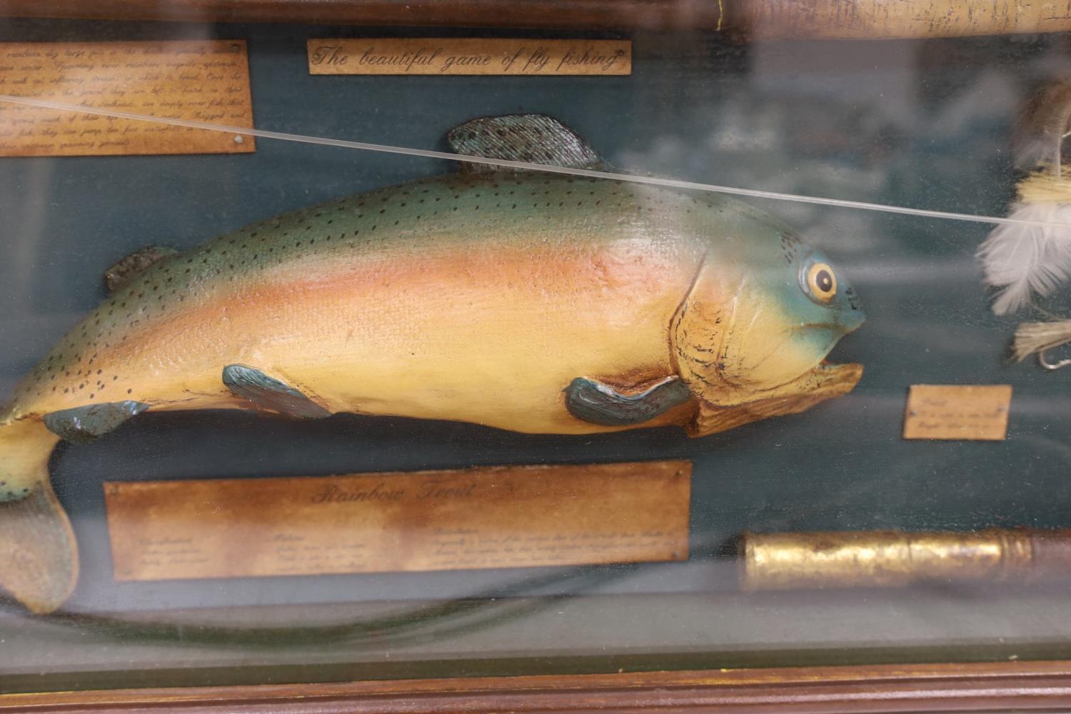 A cased fishing display case of a Rainbow Trout centred around angling ephemera, 106 x 34cm - Image 2 of 5