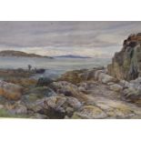 F. Davies, watercolour, Coastal landscape with fishing boat, signed, 26 x 38cm