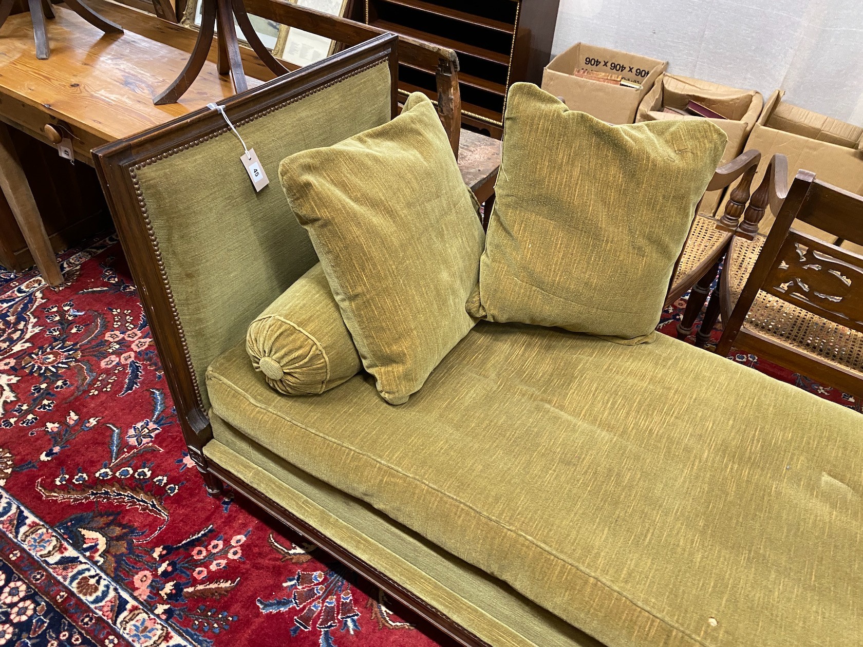 An early 20th century French upholstered mahogany day bed, length 184cm, depth 76cm, height 90cm - Image 2 of 3