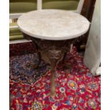 A Victorian style circular cast iron pub table with reconstituted marble top, diameter 60cm,