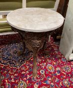 A Victorian style circular cast iron pub table with reconstituted marble top, diameter 60cm,