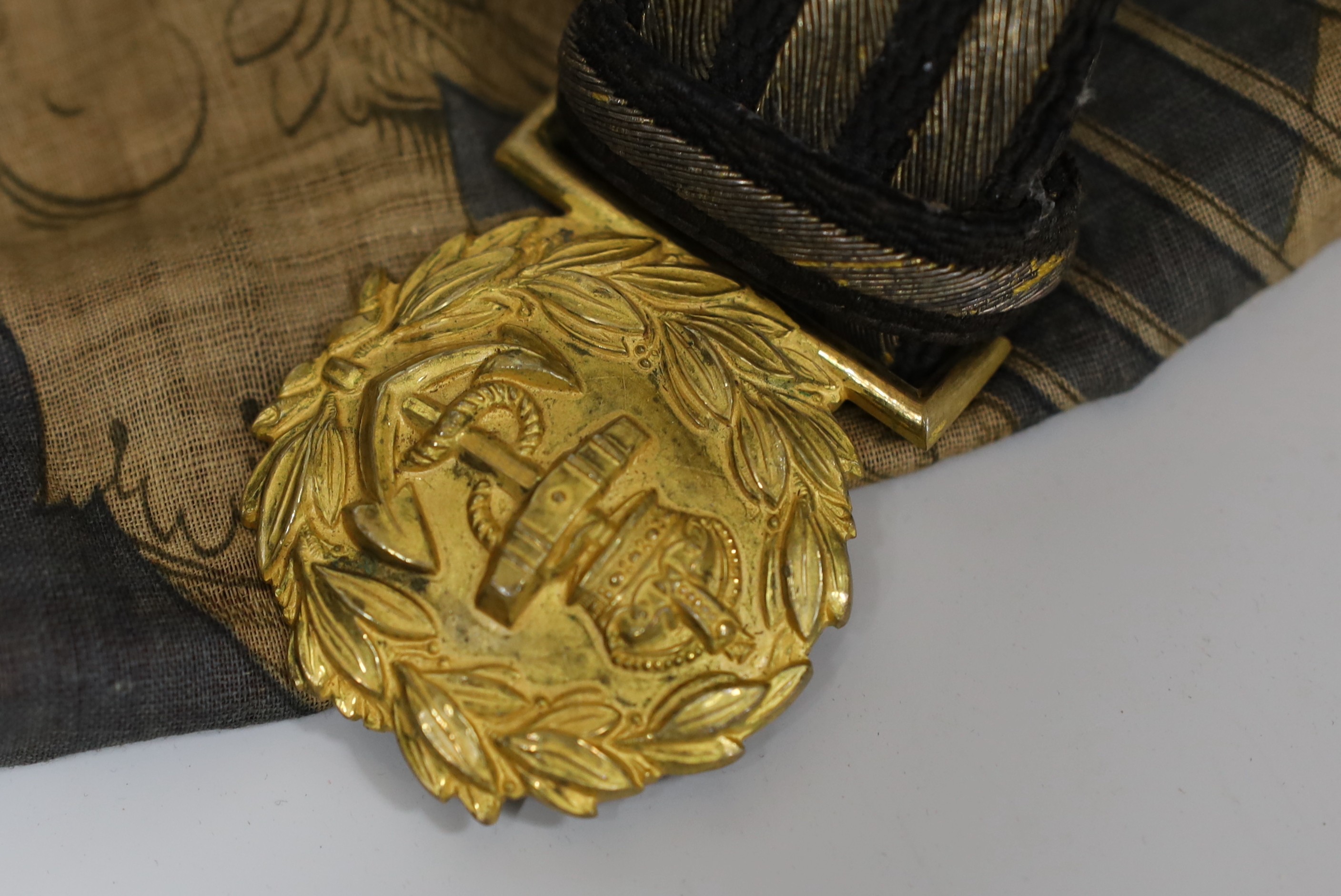 A Royal Naval gilt brass mounted officers belt, an Edwardian Dieu et mon droit belt, a Victorian - Image 2 of 4