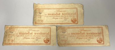 French Revolutionary banknotes, three Mandat Territorial Cent Francs No. 80896-80898, Series 32, '