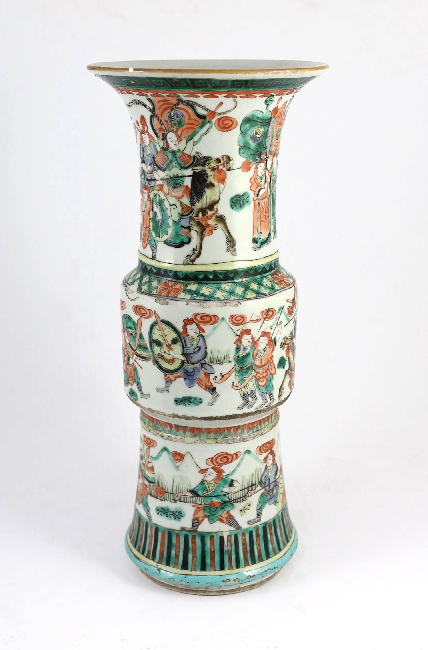 A Chinese famille verte beaker vase, gu, 19th century, painted with three continuous bands of - Image 3 of 5