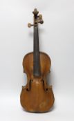 An 18th century German violin labelled Martin Leibmuller Mittenwalde, length of back 14ins, with a