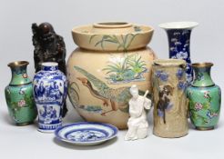 A Chinese blue and white gu vase, a baluster vase, a dish etc.