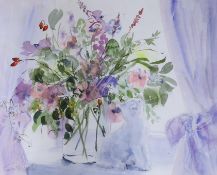 Celia K. Russell (b.1943), watercolour, Kitten beside a vase of flowers, signed, 37 x 46cm