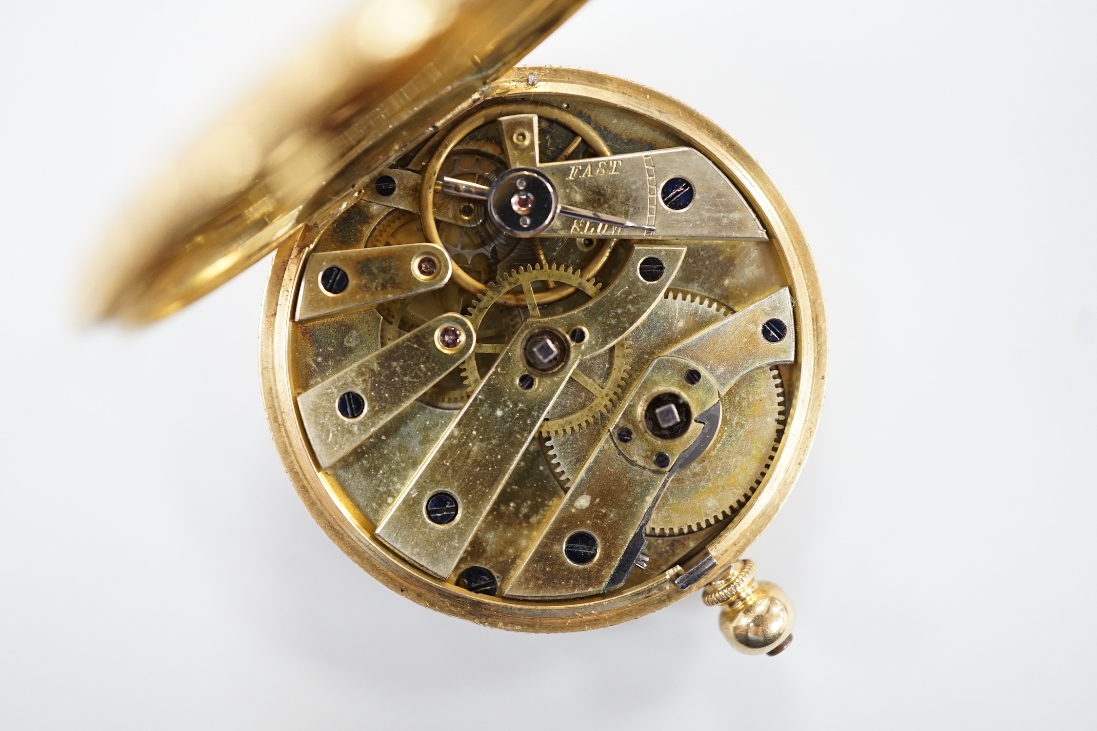 A continental 18k yellow metal open faced fob watch, with Roman dial and key, 40mm, gross weight - Image 4 of 5