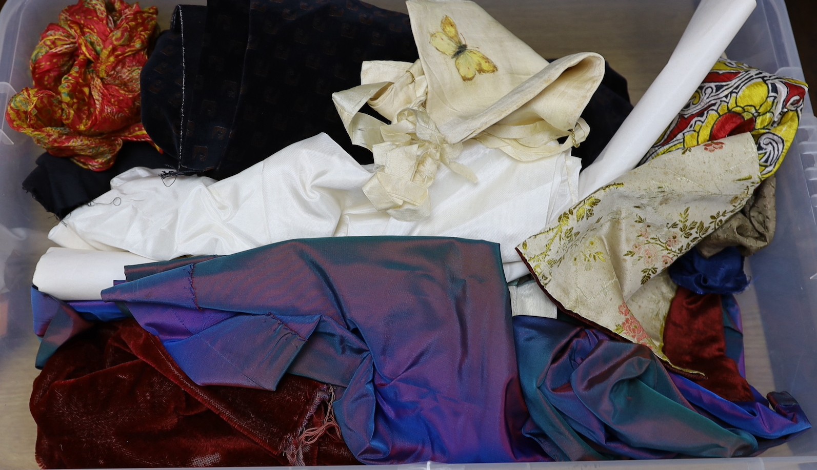A collection of fabrics, silks, velvets and a shot silk taffeta skirt, ribbons and 19th century - Image 2 of 2