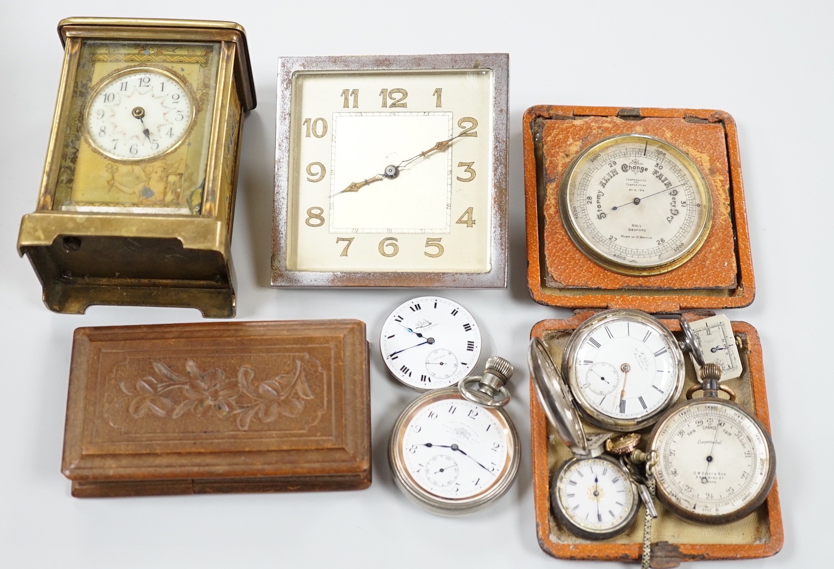 A group of wrist and pocket watches, stop watch, carriage clock, etc.