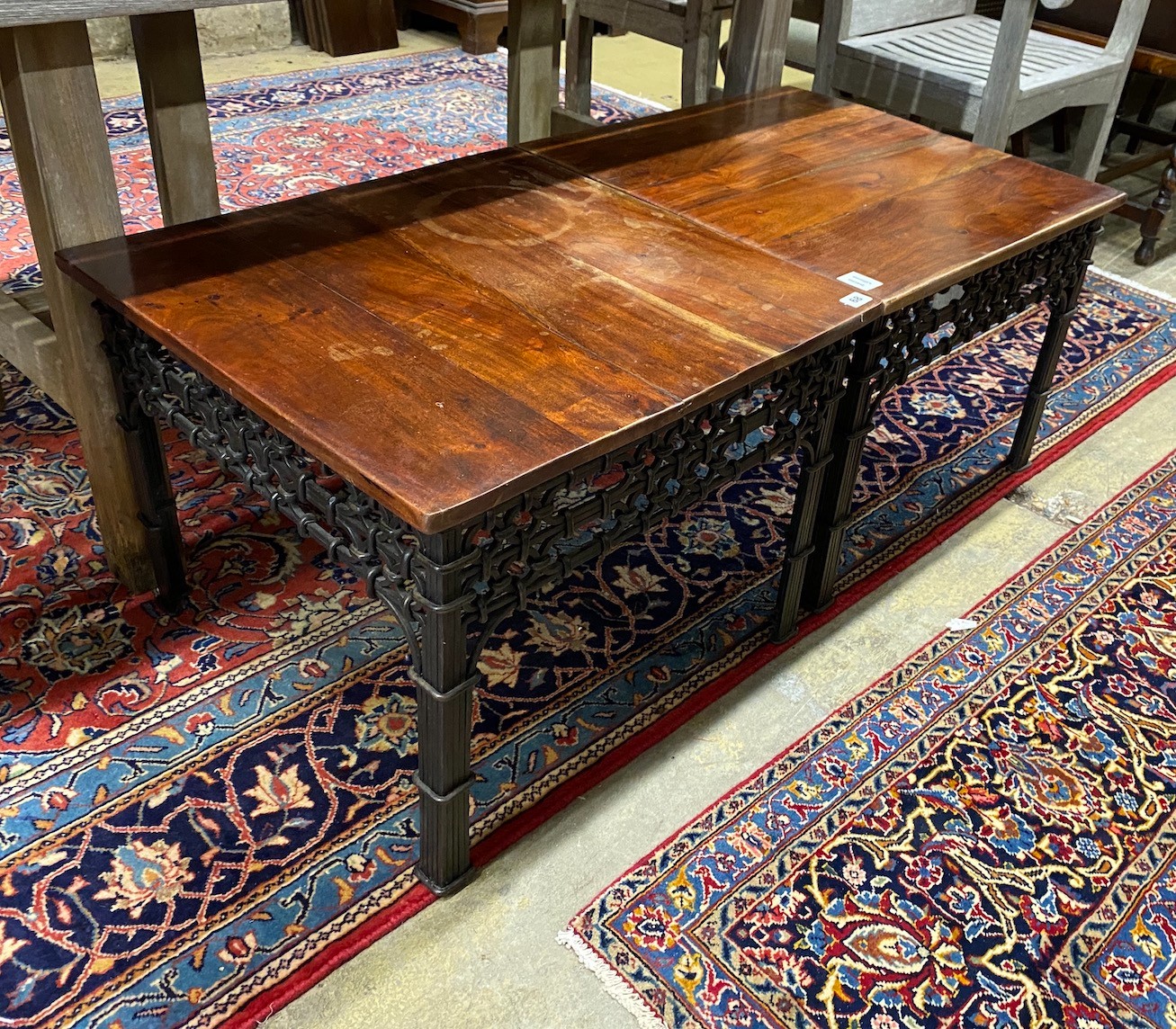 A pair of contemporary hardwood and cast metal square occasional tables, width 60cm, height 47cm - Image 2 of 2