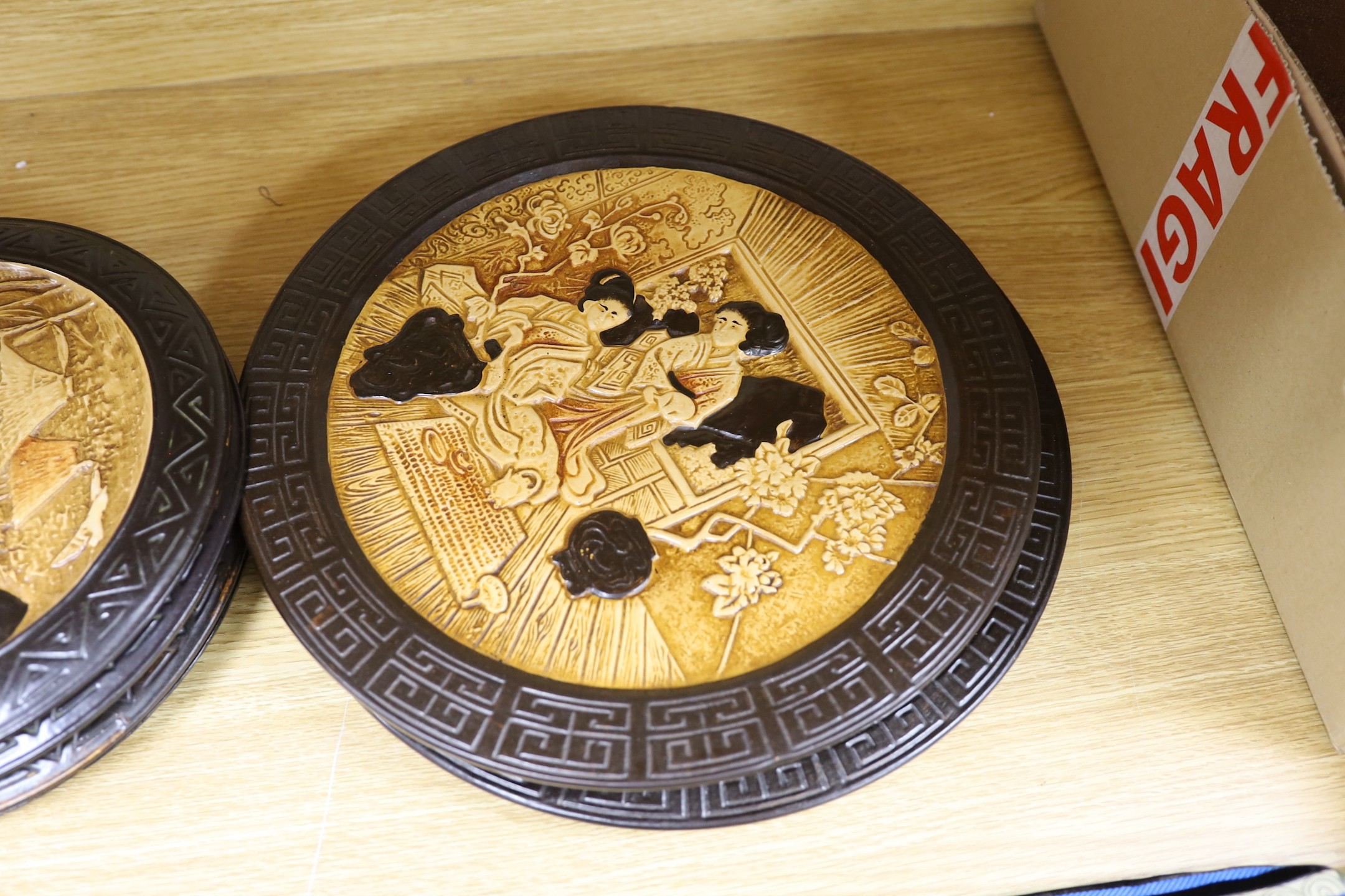 3 large and 5 smaller Bretby chinoiserie wall plates, largest 33cm - Image 3 of 3