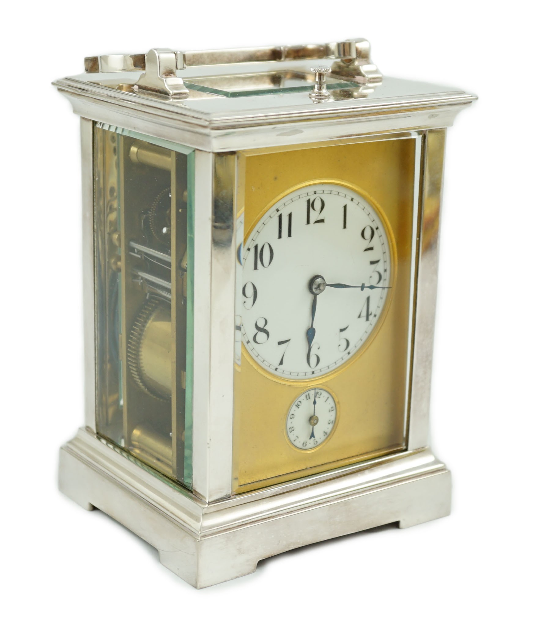 An early 20th century silver plated sonnerie carriage clock, with plain case, alarum and quarter - Image 2 of 6