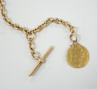 An early 20th century 18ct gold albert, 44cm, hung with a gold coin (worn), chain 53 grams, coin and