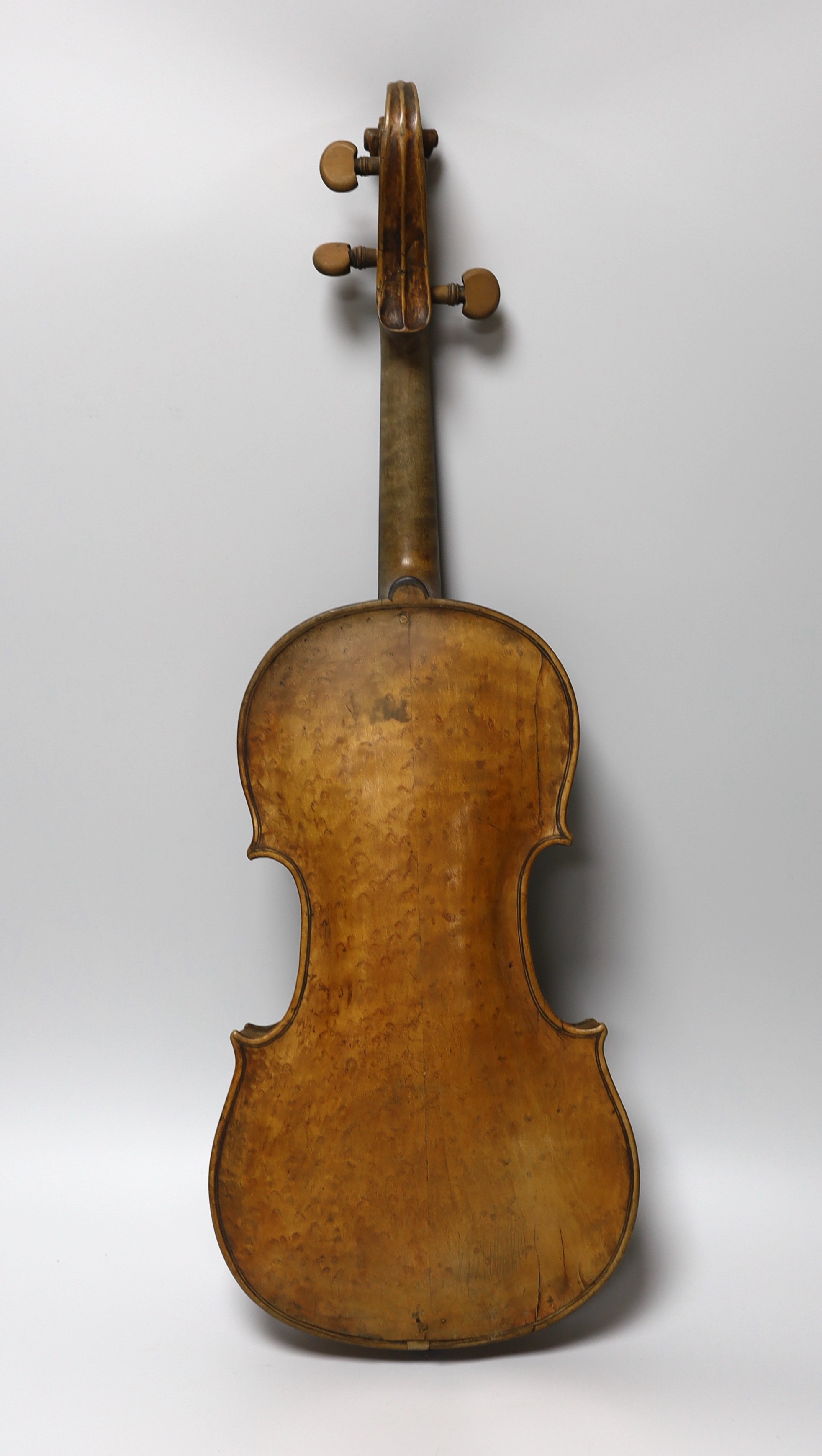 An 18th century German violin labelled Martin Leibmuller Mittenwalde, length of back 14ins, with a - Image 2 of 8