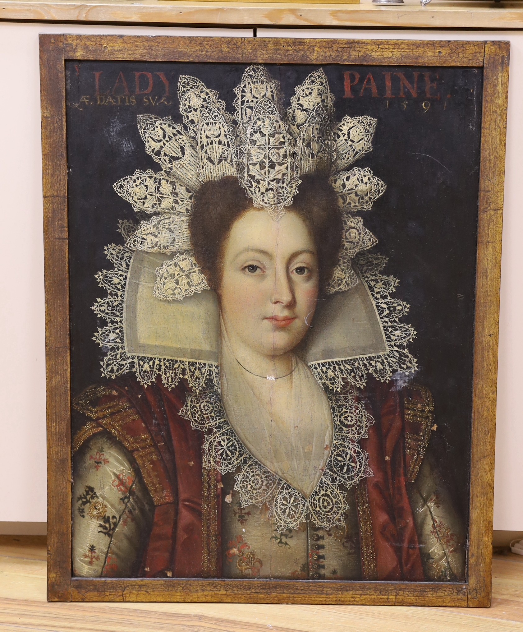 Early 19th century English School, oil on wooden panel, Portrait of 'Lady Paine, AE Datis Sua 1591', - Image 2 of 3