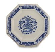 A large Strasbourg faience octagonal dish, c.1720-40, painted in blue with a basket of flowers,