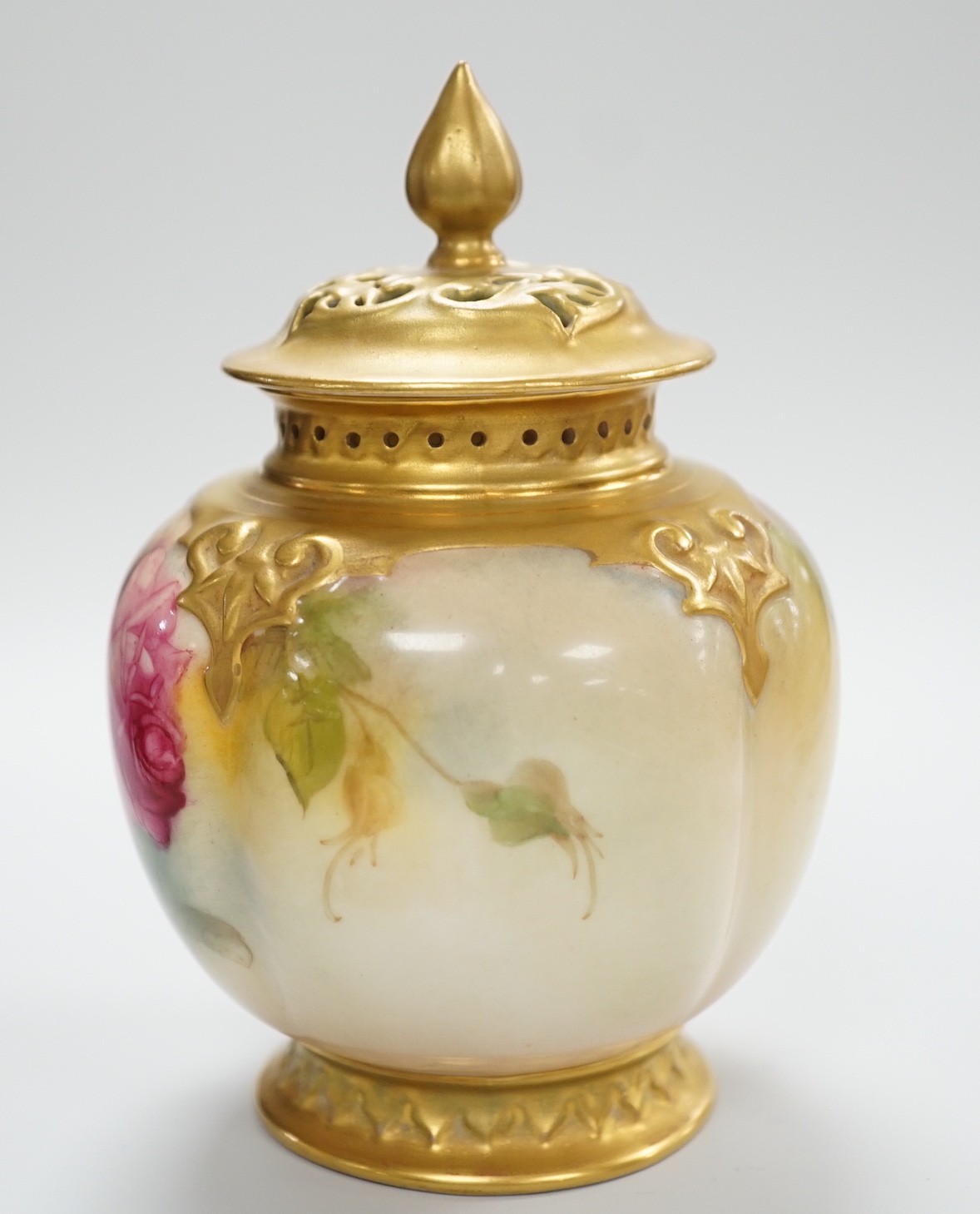 A Royal Worcester pink rose painted pot pourri vase and cover. 14cm tall - Image 2 of 5