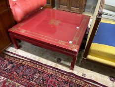 A Chinese style red lacquer square coffee table, 110cm, height 40cm
