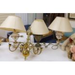 Three neoclassical ceramic table lamps and an electrolier. Tallest 58cm with shade