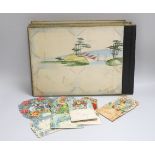 Five Victorian chromo-lithographic Valentine cards and a Japanese album of paintings - the latter