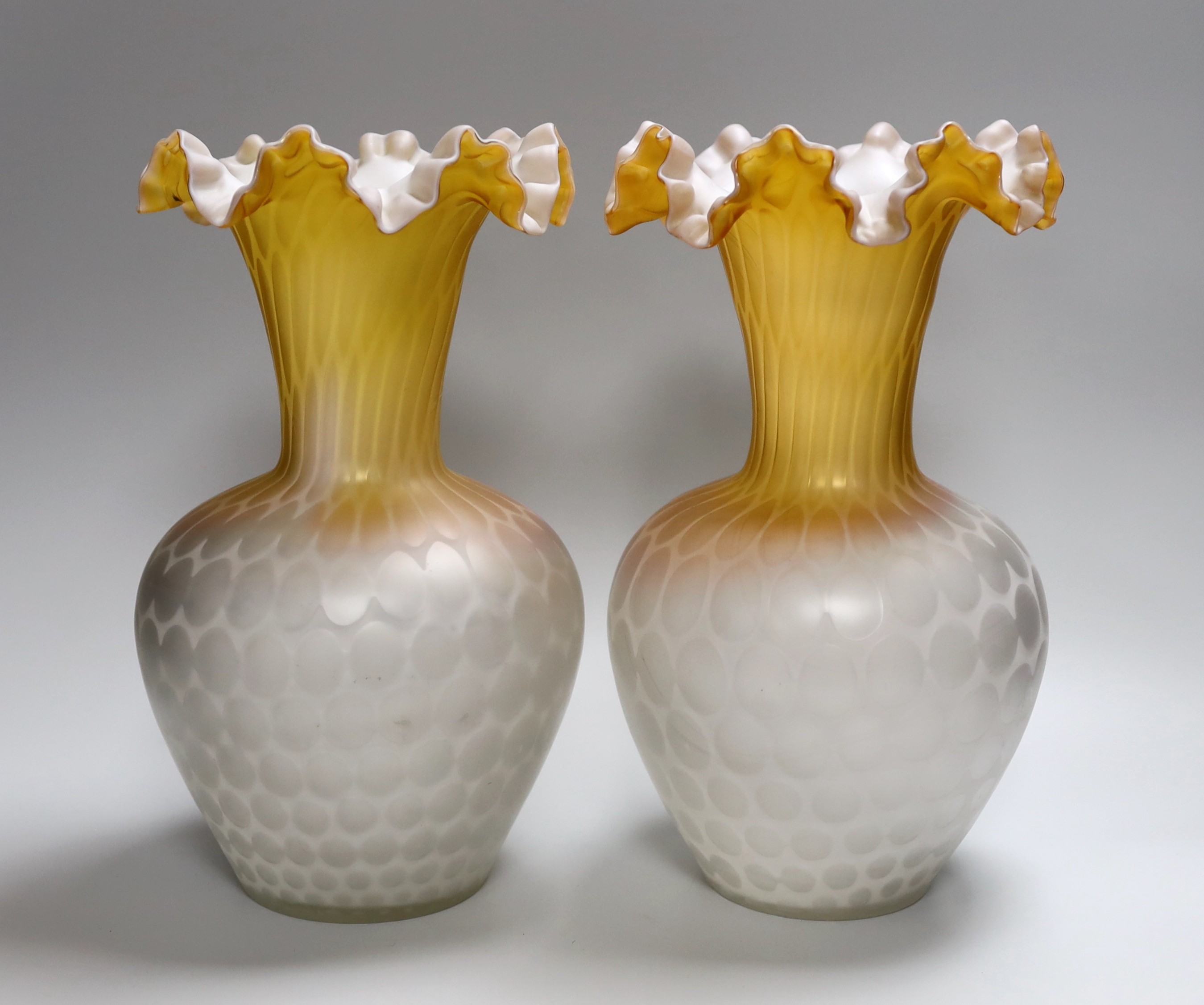 A pair of late 19th century quilted satin glass vases, 29.5cm high - Image 2 of 3