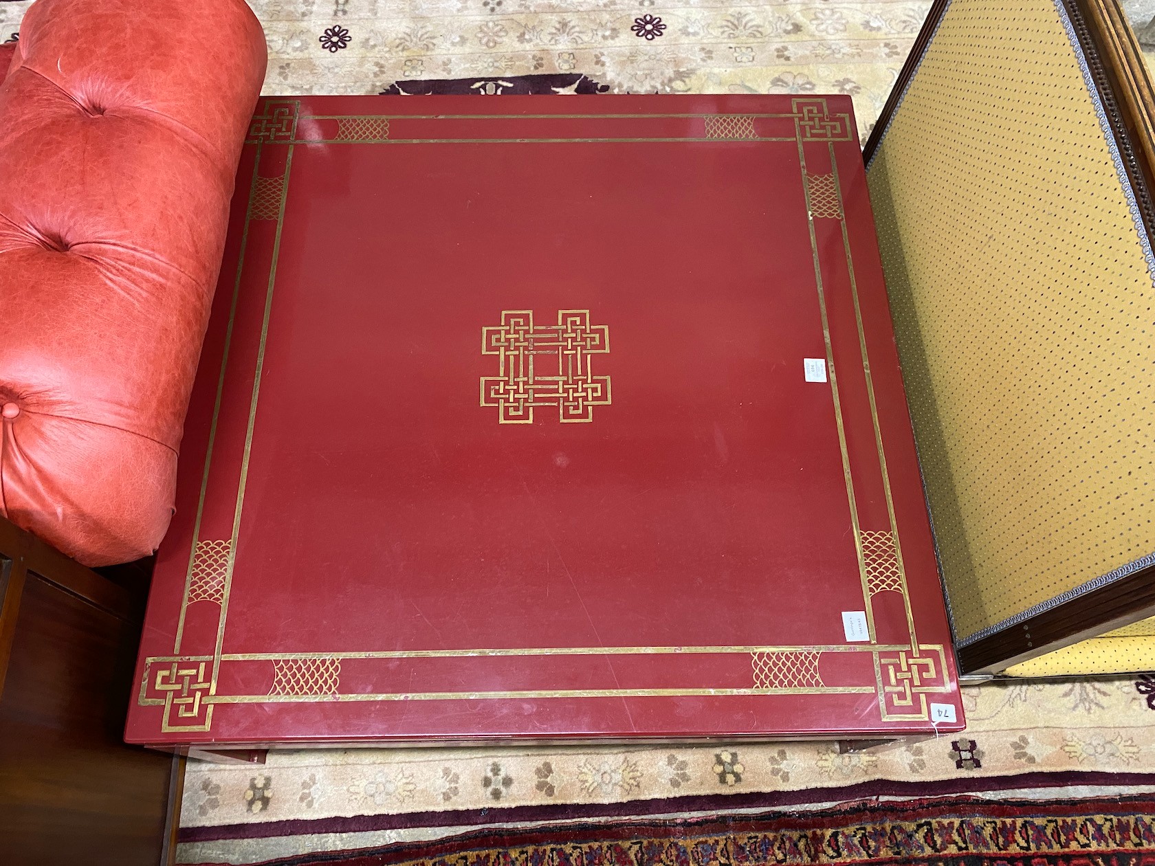 A Chinese style red lacquer square coffee table, 110cm, height 40cm - Image 2 of 2