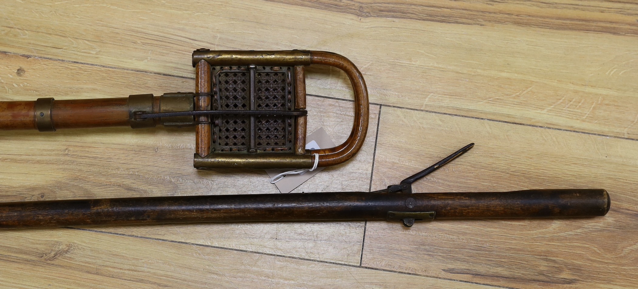 A French bamboo shooting stick and a Victorian library book grabber, 122.5cm - Image 3 of 3