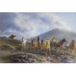 C.J. Passmore [Tom Rowden] (1842-1926), watercolour, Riders herding wild ponies on the moors,