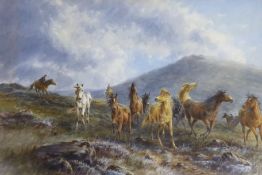 C.J. Passmore [Tom Rowden] (1842-1926), watercolour, Riders herding wild ponies on the moors,