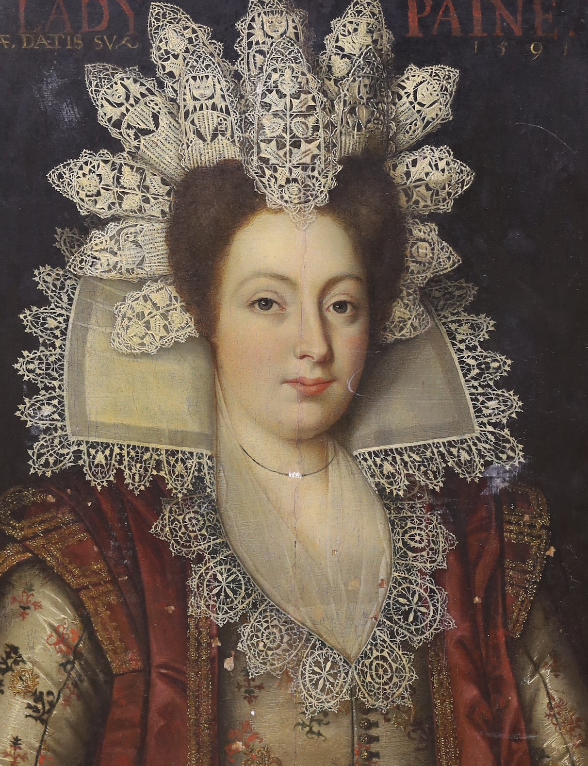 Early 19th century English School, oil on wooden panel, Portrait of 'Lady Paine, AE Datis Sua 1591',
