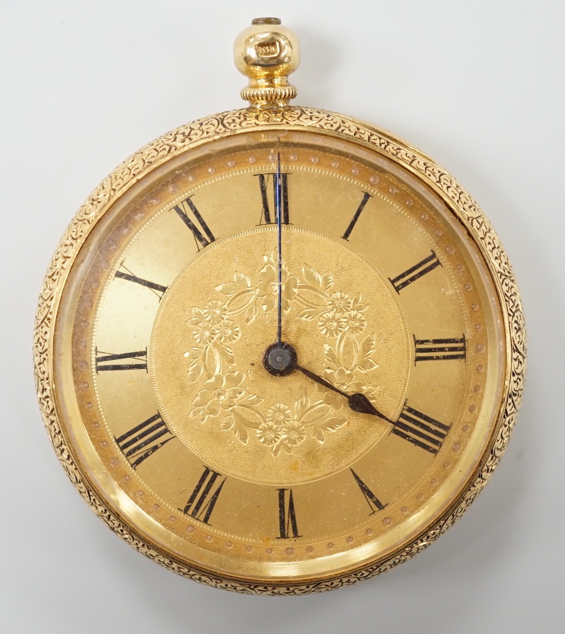 A continental 18k yellow metal open faced fob watch, with Roman dial and key, 40mm, gross weight