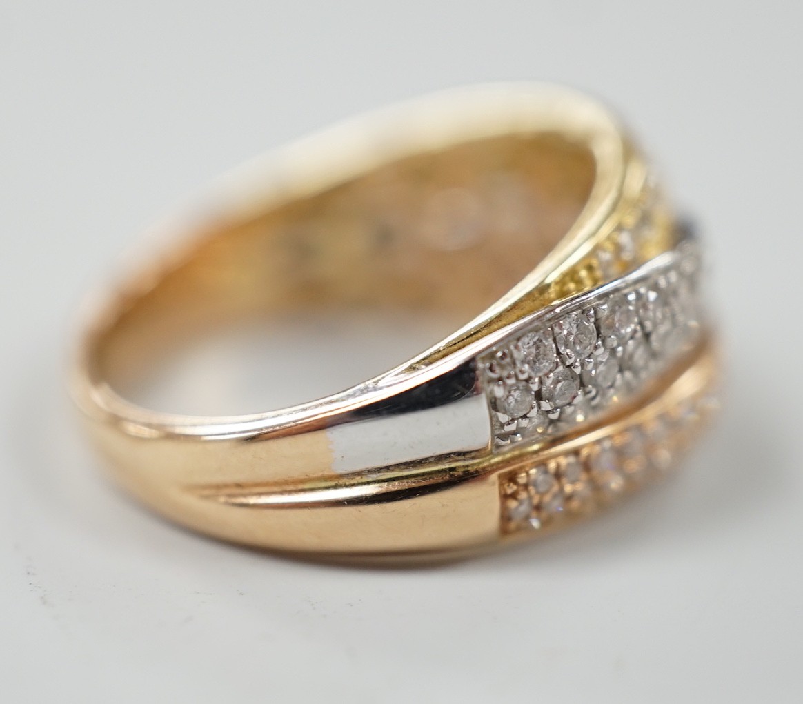 A modern three colour 18ct gold and diamond chip cluster set three row crossover ring, size O, gross - Image 3 of 4