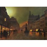 After Atkinson Grimshaw, oil on board, Street scene at night, bears signature, 55 x 76cm