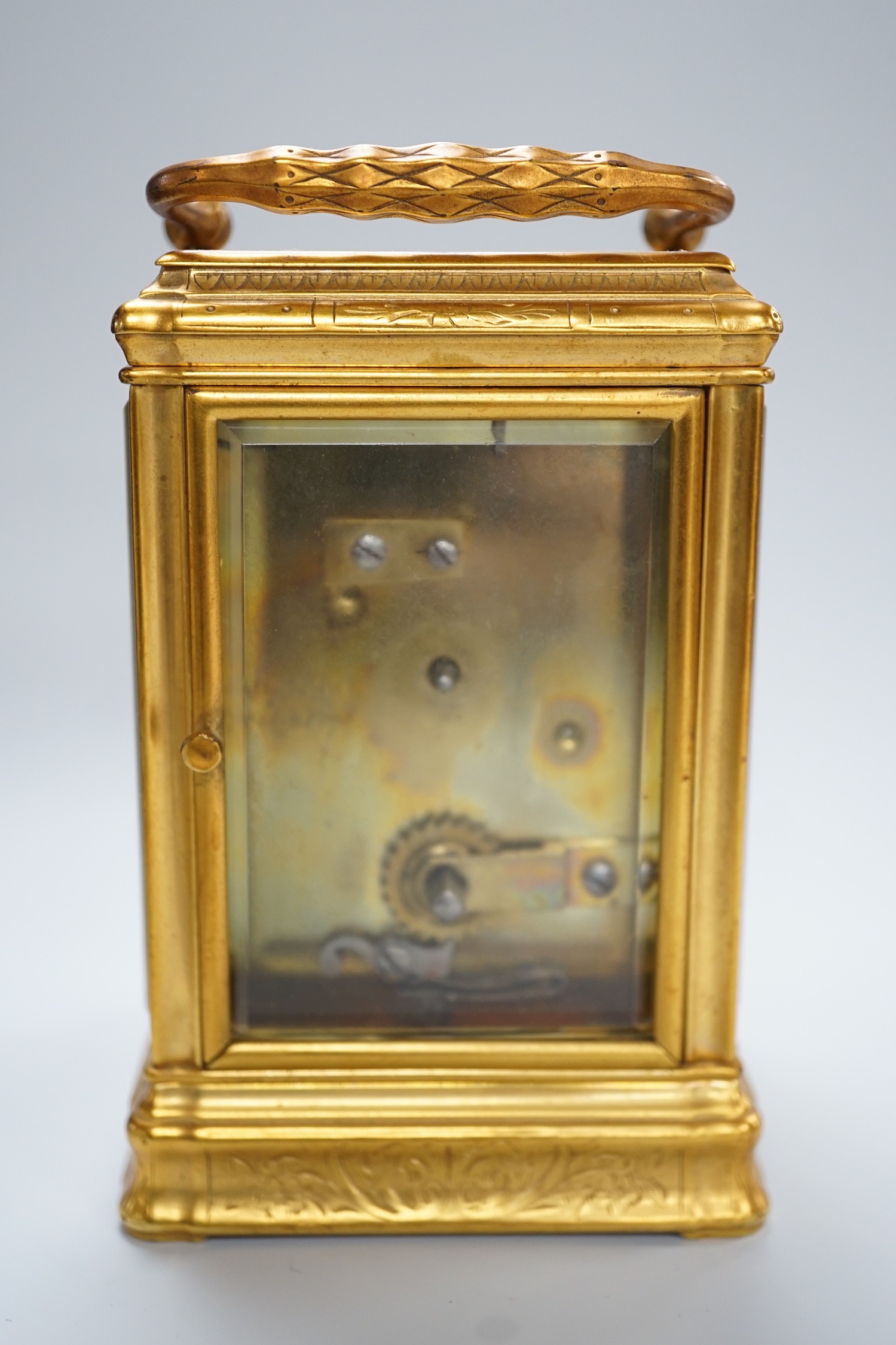 A late 19th century French eight day timepiece, in an engraved brass gorge case. 12cm tall - Image 3 of 6