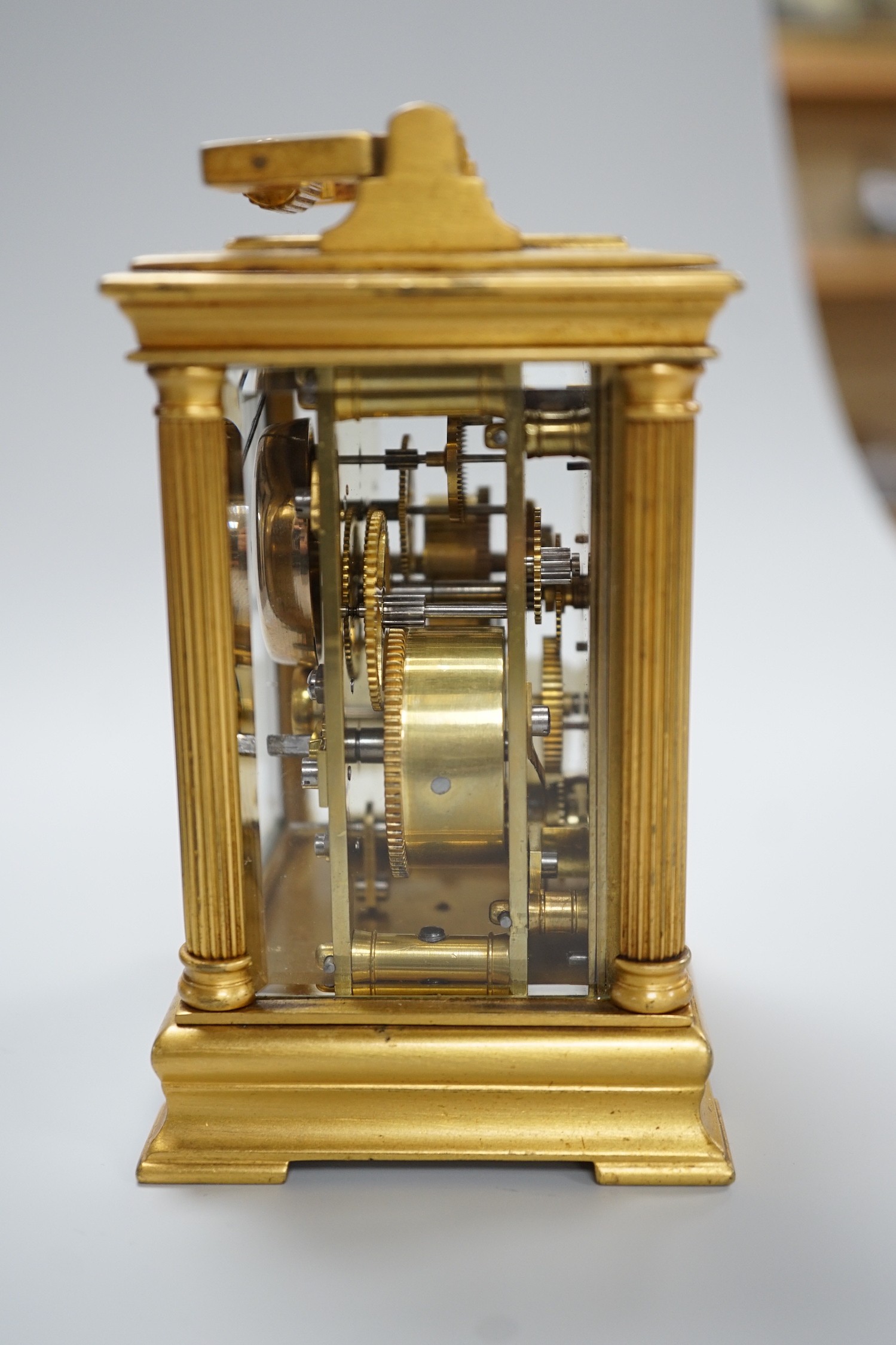A 19th century French brass eight day carriage clock with alarm,. 12cm tall - Image 2 of 5