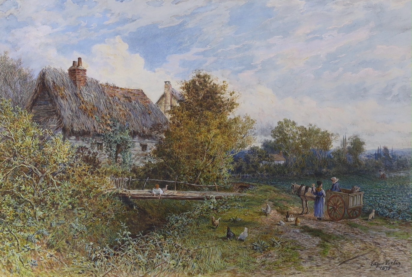 Edgar John Varley (1839-1888), watercolour, Figures and chickens beside a thatched cottage, signed