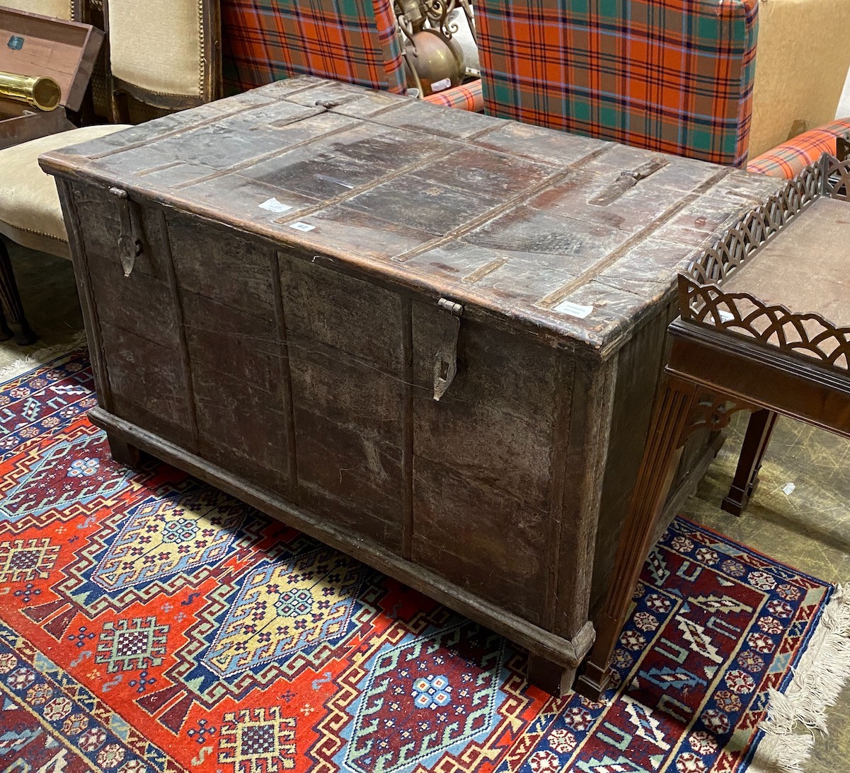 An Eastern iron bound hardwood trunk, length 108cm, depth 69cm, height 67cm