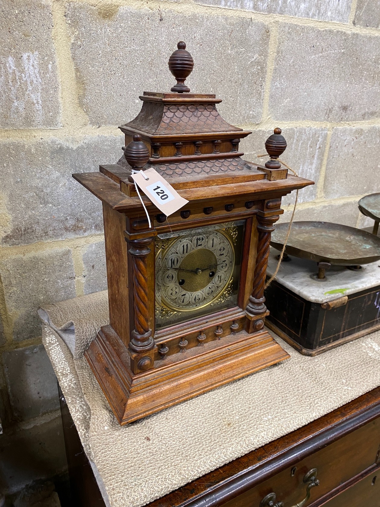 An early 20th century walnut mantel clock, height 53cm together with a set of Victorian scales - Image 2 of 2