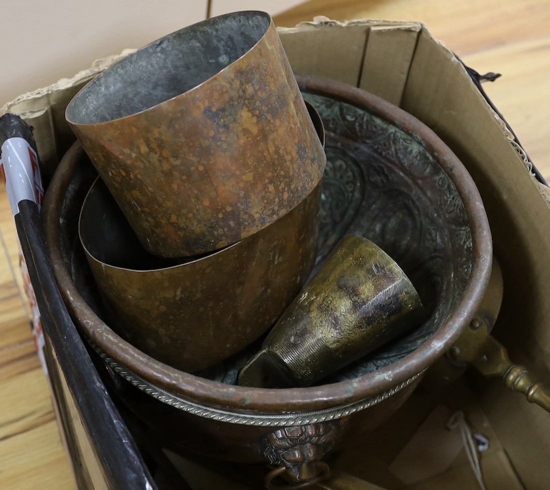 A set of three Georgian gilt bronze fire implements, a similar brass shovel and sundries, - Image 2 of 5