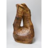 Ruth Sulke - a large brown copper glazed stoneware angular “wooden” sculpture with central hole,