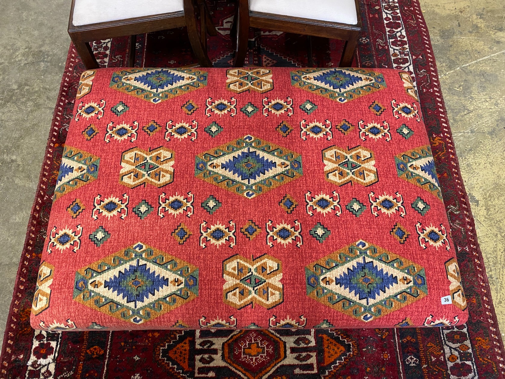 A large rectangular contemporary footstool upholstered in Kilim style fabric, length 122cm, depth - Image 2 of 2