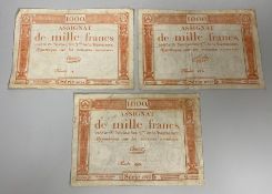 French Revolutionary banknotes, Republic Francaise, three Assignat de mille francs 1000 Francs 18