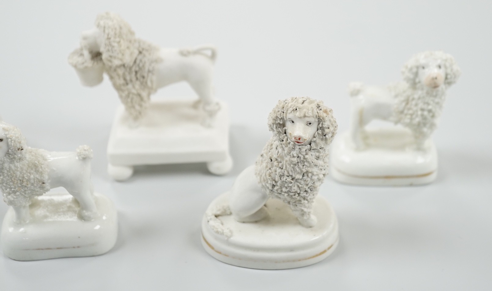 Five small Staffordshire models of poodles, together with a small poodle lying recumbent on an - Image 4 of 7